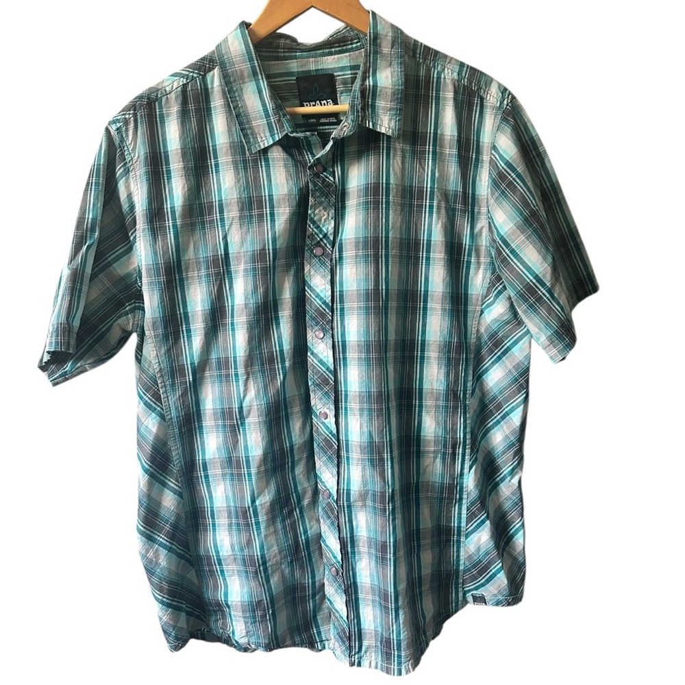 Prana Short Sleeve Pearl Snap Button Shirt Turquoise & Gray Plaid‎ Size Large